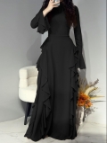 Women Elegant Solid Color High Neck Ruffle Maxi Dress Tiered Ruffles Back Hem Long Trumpet Sleeve Polyester Evening Party Banquet Gown