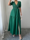 Women's Elegant V-Neck Puff Sleeve Maxi Dress Pleated Textured Fabric High Waist Side Slit Long Dress for Party Vacation Daily Wear