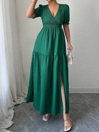 Women's Elegant V-Neck Puff Sleeve Maxi Dress Pleated Textured Fabric High Waist Side Slit Long Dress for Party Vacation Daily Wear