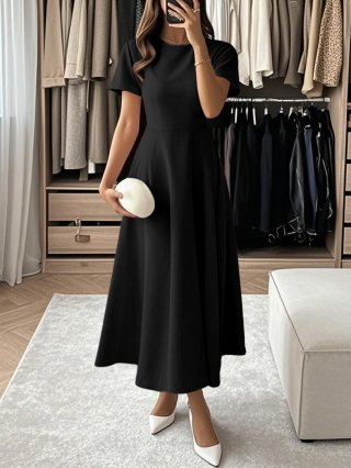 Elegant Women's A-Line Long Dress Short Sleeve Round Neck Solid Color Maxi Dress For Evening Party Banquet Communion Soft Knit 95% Polyester 5% Elastane High Waist Gown