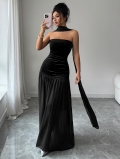Elegant Strapless Maxi Dress Women Velvet Chiffon Patchwork Off the Shoulder Evening Party Dress With Scarf Neck Tie Sexy Sleeveless A-line Long Gown
