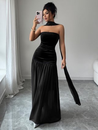 Elegant Strapless Maxi Dress Women Velvet Chiffon Patchwork Off the Shoulder Evening Party Dress With Scarf Neck Tie Sexy Sleeveless A-line Long Gown