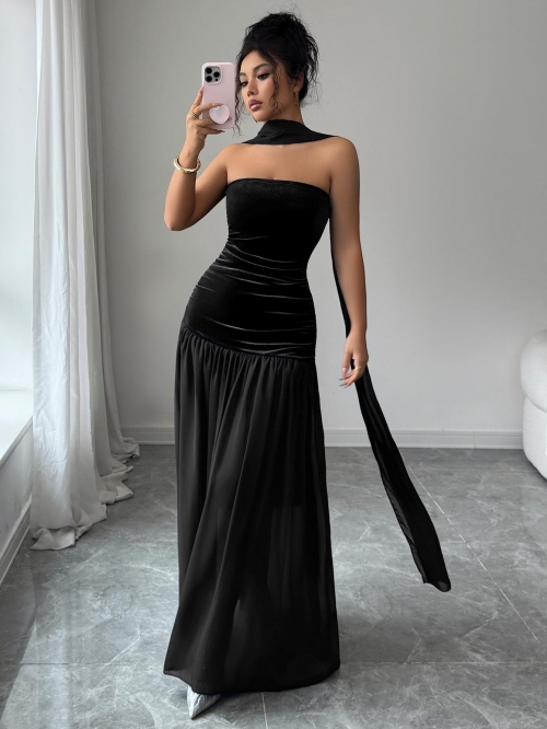 Elegant Strapless Maxi Dress Women Velvet Chiffon Patchwork Off the Shoulder Evening Party Dress With Scarf Neck Tie Sexy Sleeveless A-line Long Gown