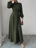 Women Elegant Solid Color Long Sleeve Maxi Dress With Shirt Collar And Waist Tie Autumn Winter A-Line Long Party Dress For Office Lady