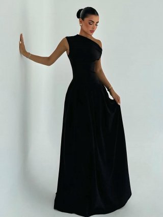 Women's Sexy One Shoulder Pleated Maxi Dress Solid Color Sleeveless A-Line Long Gown For Evening Party Vacation Elegant Summer Fashion