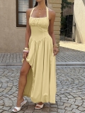 Women's Elegant Halter Neck Ruched Maxi Dress 95% Polyester 5% Elastane Sleeveless High Slit Backless Irregular Hem Party Evening Banquet Dress