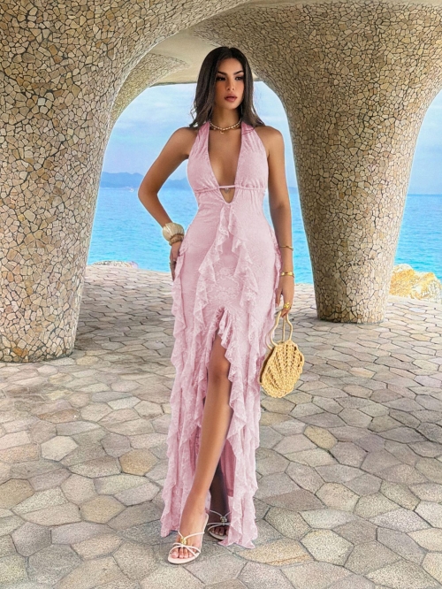 Women's Sexy Deep V Neck Halter Maxi Dress Polyamide Lace Ruffle High Slit Beach Sundress Backless Evening Party Gown for Women