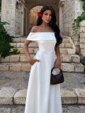 Women Elegant Off Shoulder Maxi Dress Polyester Spandex A-Line Long Dress With Pockets Solid Color Resort Party Evening Gown For Ladies S-XL