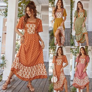 Bohemian Floral Print Acrylic Maxi Dress Square Neck Short Sleeve High Waist Ruffle Patchwork Long Dress Women Vacation Beach Casual Summer Elegant