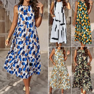 Women's Sleeveless Halter Neck Maxi Dress Polyester Tiered Bohemian Summer Beach Holiday Dress With Pockets Elegant Loose Fit Printed Long Dress