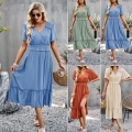 Women's V Neck Ruffle Short Sleeve Maxi Dress Elegant Smocked Waist Side Split Long Dresses Summer Casual Vacation Solid Color Viscose Beach Gown