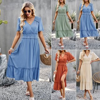 Women's V Neck Ruffle Short Sleeve Maxi Dress Elegant Smocked Waist Side Split Long Dresses Summer Casual Vacation Solid Color Viscose Beach Gown