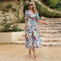 Women's V-Neck Printed Maxi Dress Polyester High Waist Slim Fit Vacation Casual Party Boho Elegant Short Puff Sleeve Summer Fashion A-Line Long Dress