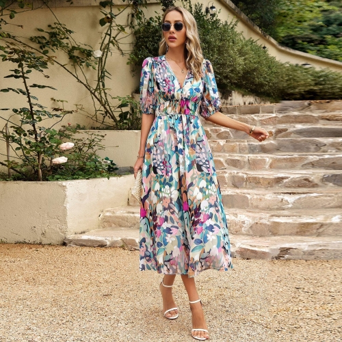 Women's V-Neck Printed Maxi Dress Polyester High Waist Slim Fit Vacation Casual Party Boho Elegant Short Puff Sleeve Summer Fashion A-Line Long Dress