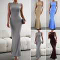 Women Elegant Crinkled Textured Maxi Dress Sleeveless Round Neck Slim Fit Fishtail Knitted Long Dress For Party Clubwear Night Out Summer Autumn