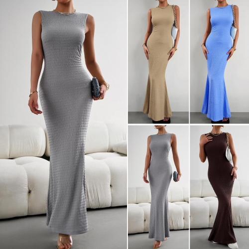 Women Elegant Crinkled Textured Maxi Dress Sleeveless Round Neck Slim Fit Fishtail Knitted Long Dress For Party Clubwear Night Out Summer Autumn