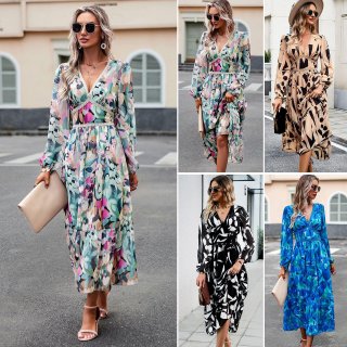 Women's Elegant V-Neck Long Sleeve Maxi Dress Viscose Printed High Waist A-Line Long Dress For Holiday Leisure Daily Wear