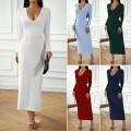 Elegant Women's Sexy V-Neck Bodycon Long Sleeve Maxi Dress Solid Color Back Tie Slim Fit Polyester Spandex Long Dress for Party Commute