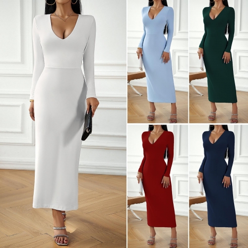 Elegant Women's Sexy V-Neck Bodycon Long Sleeve Maxi Dress Solid Color Back Tie Slim Fit Polyester Spandex Long Dress for Party Commute