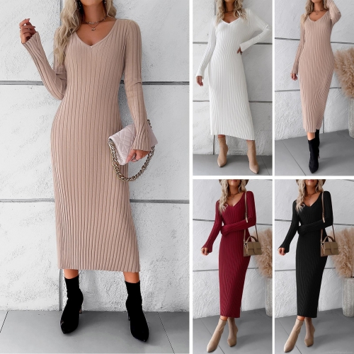 Women's Elegant V-Neck Long Sleeve Knitted Maxi Dress Slim Fit Ribbed Viscose Sweater Dress For Autumn Winter Office Party Lady
