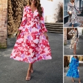 Women's Casual V-Neck Floral Print Long Sleeve Maxi Dress 100% Polyester High Waist A-Line Boho Style Swing Long Dress For Holiday Vacation