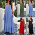 Women's Elegant V Neck Spaghetti Strap Maxi Dress Viscose Spandex Solid Color Loose Fit Casual Summer Beach Vacation Long Dress With Pockets