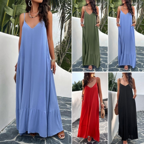 Women's Elegant V Neck Spaghetti Strap Maxi Dress Viscose Spandex Solid Color Loose Fit Casual Summer Beach Vacation Long Dress With Pockets
