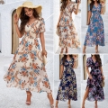 Women's V Neck Short Sleeve Floral Maxi Dress Smocked Waist A-Line Printed Boho Vacation Beach Long Dress Summer Casual Sundress for Women