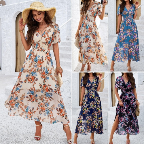 Women's V Neck Short Sleeve Floral Maxi Dress Smocked Waist A-Line Printed Boho Vacation Beach Long Dress Summer Casual Sundress for Women