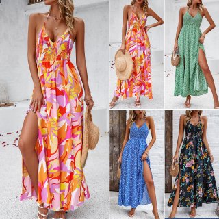 Women's Floral Print Halter Neck Maxi Dress 100% Viscose Backless Smocked Waist V-Neck High Slit Bohemian Summer Vacation Long Sun Dress Flowy Beachwear Casual Party Dress