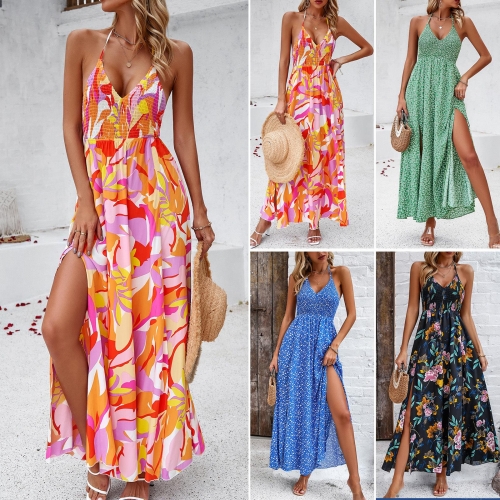 Women's Floral Print Halter Neck Maxi Dress 100% Viscose Backless Smocked Waist V-Neck High Slit Bohemian Summer Vacation Long Sun Dress Flowy Beachwear Casual Party Dress