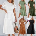 Women's Smocked Bodice Hollow Out Sleeve Maxi Dress Polyester Elastane Tiered Ruffle Hem Solid Color Summer Vacation Beach Party Casual Elegant Dress