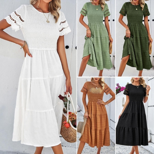 Women's Smocked Bodice Hollow Out Sleeve Maxi Dress Polyester Elastane Tiered Ruffle Hem Solid Color Summer Vacation Beach Party Casual Elegant Dress