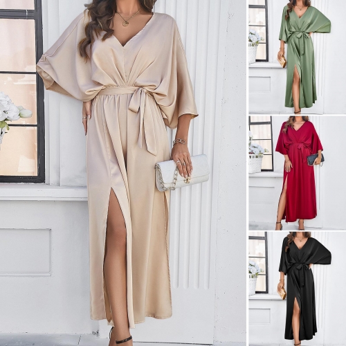 Women's Elegant V-Neck Satin Maxi Dress High Waist Tie Batwing Sleeve Slit Evening Party Summer Solid Color Silk Feel Long Gown
