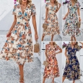 Women's V-Neck Floral Print Maxi Dress With Lace Patchwork Bohemian Short Flutter Sleeve A-Line Polyester Long Summer Beach Vacation Dress