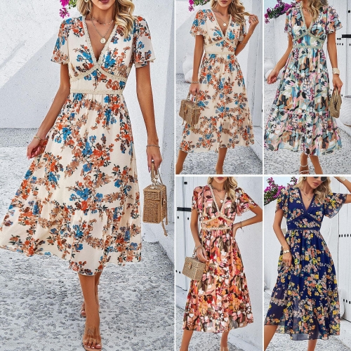 Women's V-Neck Floral Print Maxi Dress With Lace Patchwork Bohemian Short Flutter Sleeve A-Line Polyester Long Summer Beach Vacation Dress