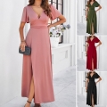 Elegant V-Neck Short Sleeve Split Maxi Dress Women's Slim Fit Solid Color Polyester A-Line Long Dress For Summer Party Vacation Daily Wear