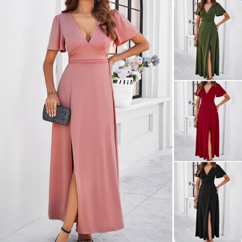 Elegant V-Neck Short Sleeve Split Maxi Dress Women's Slim Fit Solid Color Polyester A-Line Long Dress For Summer Party Vacation Daily Wear