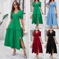 Women's Elegant V-Neck Maxi Dress Summer Puff Sleeve Smocked A-Line Tiered Long Dress With Slit Solid Color Polyester Blend Fashion Commute Sundress