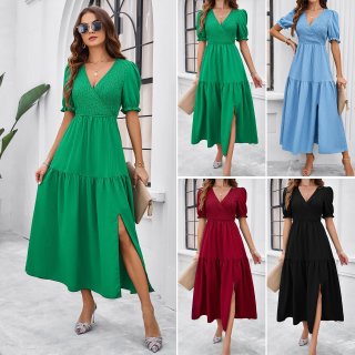 Women's Elegant V-Neck Maxi Dress Summer Puff Sleeve Smocked A-Line Tiered Long Dress With Slit Solid Color Polyester Blend Fashion Commute Sundress
