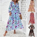 Elegant Floral Print V-Neck Maxi Dress Long Sleeve Hollow Out Waist Ruffle Chiffon Long Dress For Women Summer Vacation Beach Boho Party
