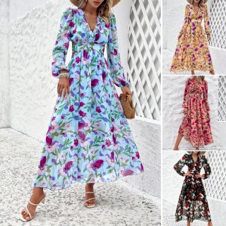 Elegant Floral Print V-Neck Maxi Dress Long Sleeve Hollow Out Waist Ruffle Chiffon Long Dress For Women Summer Vacation Beach Boho Party