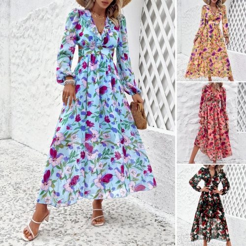 Elegant Floral Print V-Neck Maxi Dress Long Sleeve Hollow Out Waist Ruffle Chiffon Long Dress For Women Summer Vacation Beach Boho Party