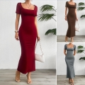 Women's Elegant Slim Fit Maxi Dress Square Neck Short Sleeve Backless Lace-up Cutout Solid Color Cotton Blend Knitted Long Dress for Casual Party Dating