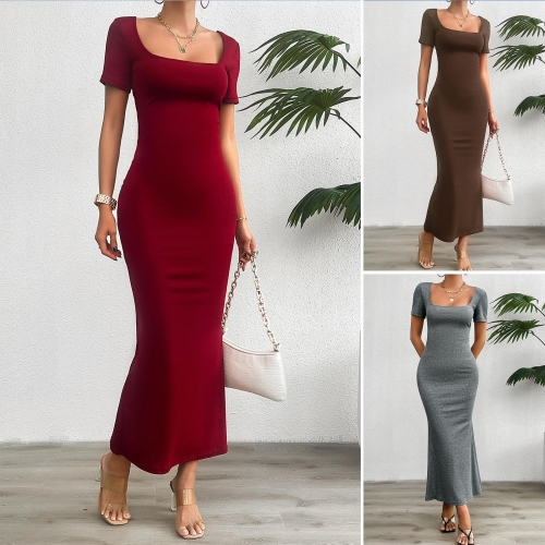 Women's Elegant Slim Fit Maxi Dress Square Neck Short Sleeve Backless Lace-up Cutout Solid Color Cotton Blend Knitted Long Dress for Casual Party Dating