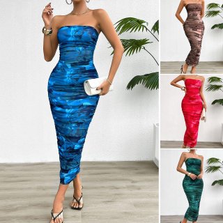 Women's Strapless Marble Dye Print Ruched Maxi Dress Elegant Polyester Spandex Bodycon Long Tube Dress For Party Dating Summer