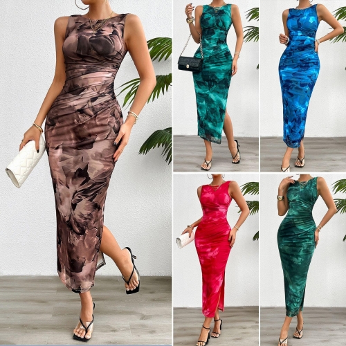 Women's Sleeveless Mesh Maxi Dress Abstract Print Ruched Bodycon Side Slit Long Dress Elegant Round Neck Summer Party Daily Vacation Slim Fit Polyester Clothing
