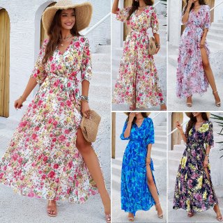 Women Elegant V Neck Floral Print Wrap Maxi Dress Side Slit Tie Waist Half Sleeve Polyester Long A-Line Dress For Beach Vacation Summer