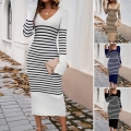 Women's Striped V-Neck Knit Dress Sexy Slim Fit Long Sleeve Mid-Length Contrast Color Polyester Sweater Dresses For Autumn Winter