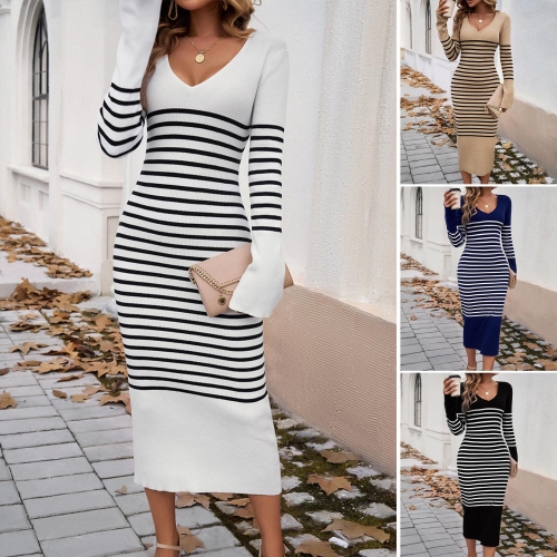 Women's Striped V-Neck Knit Dress Sexy Slim Fit Long Sleeve Mid-Length Contrast Color Polyester Sweater Dresses For Autumn Winter